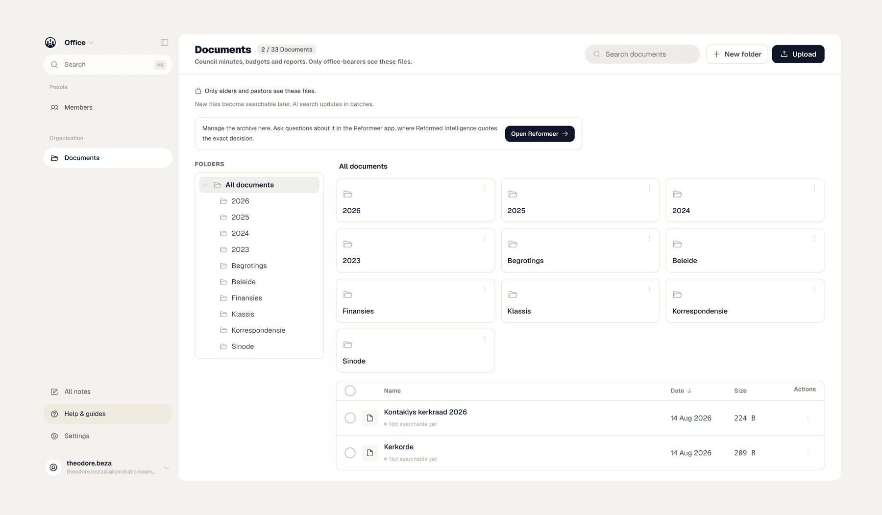 Reformeer Office: the council's documents in folders, with search and access control.