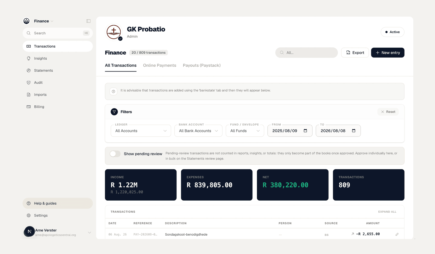 Reformeer Finance: transactions with income, expenses and net balance.