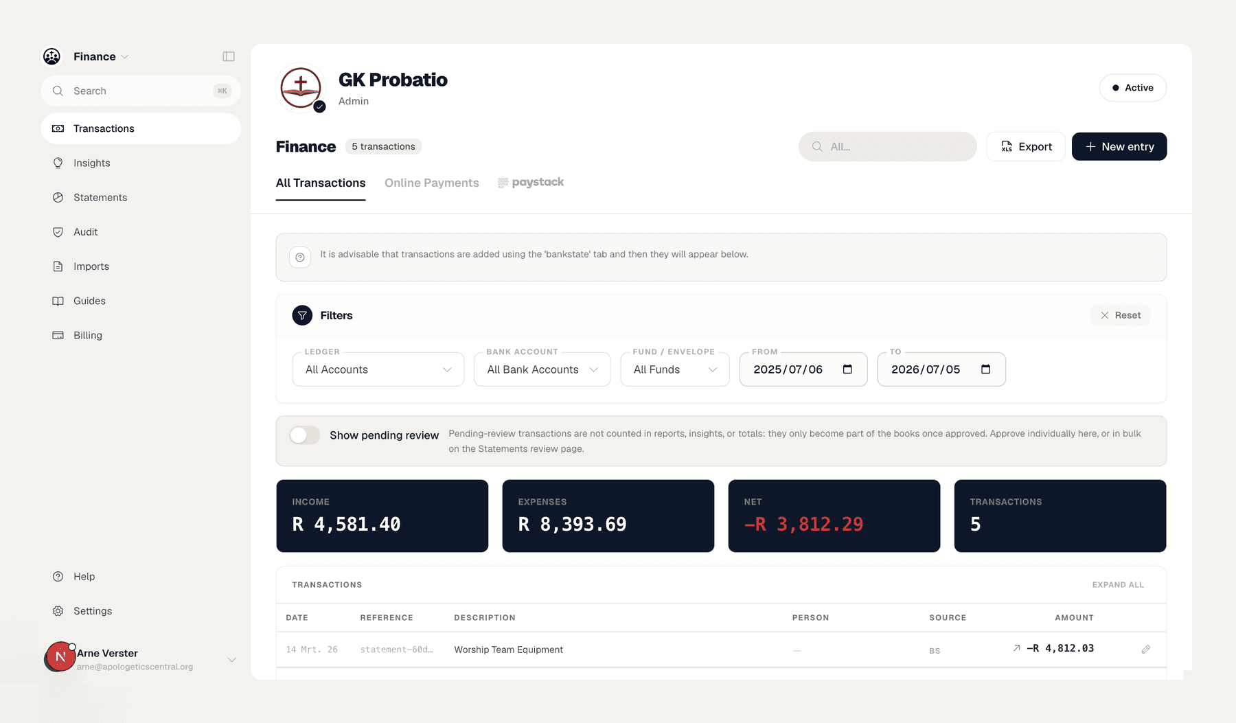 Reformeer Finance: transactions with income, expenses and net balance.