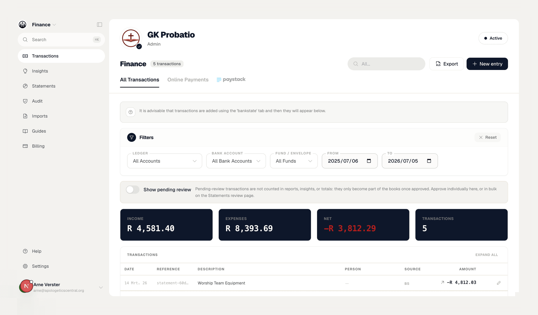 Reformeer Finance: transactions with income, expenses and net balance.