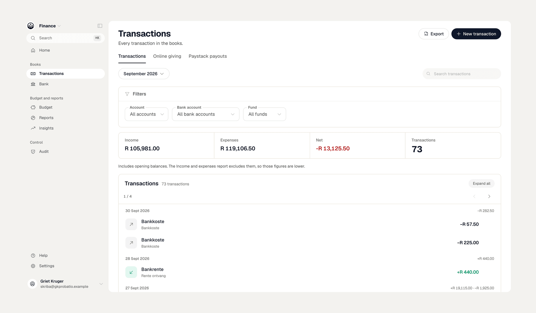 Transactions in Finance, the church accounting app