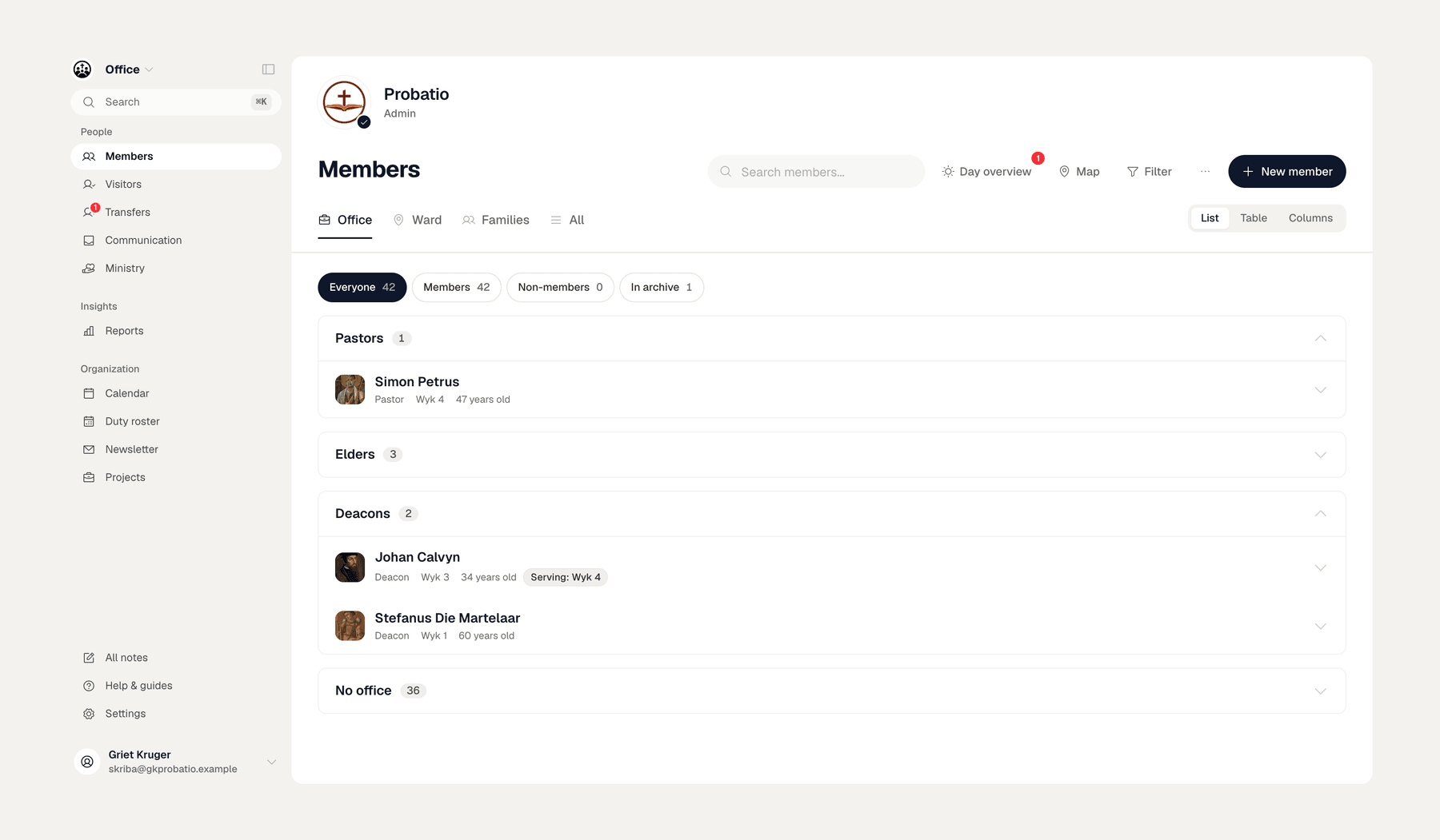 The member register in Kantoor, the church office app